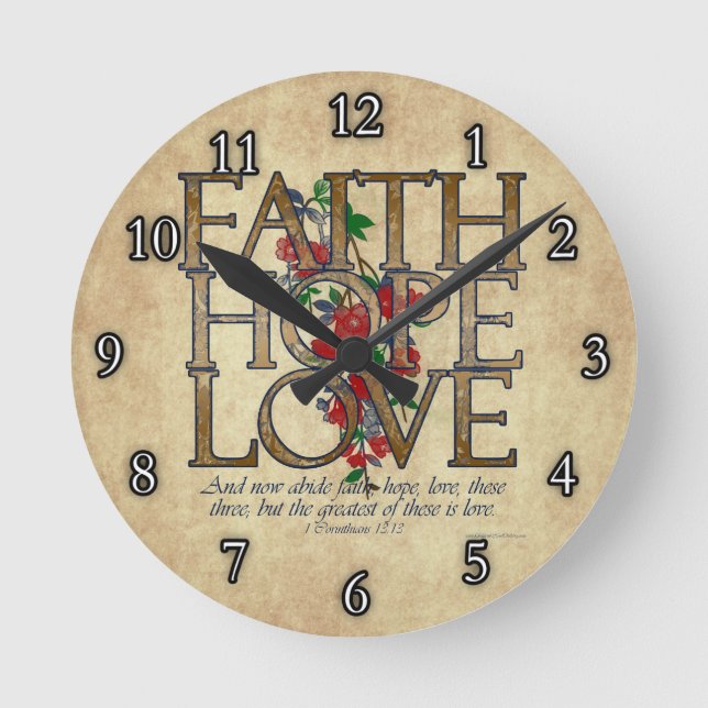 Reloj Redondo Mediano Faith Hope Love Christian Bible Verse (Anverso)