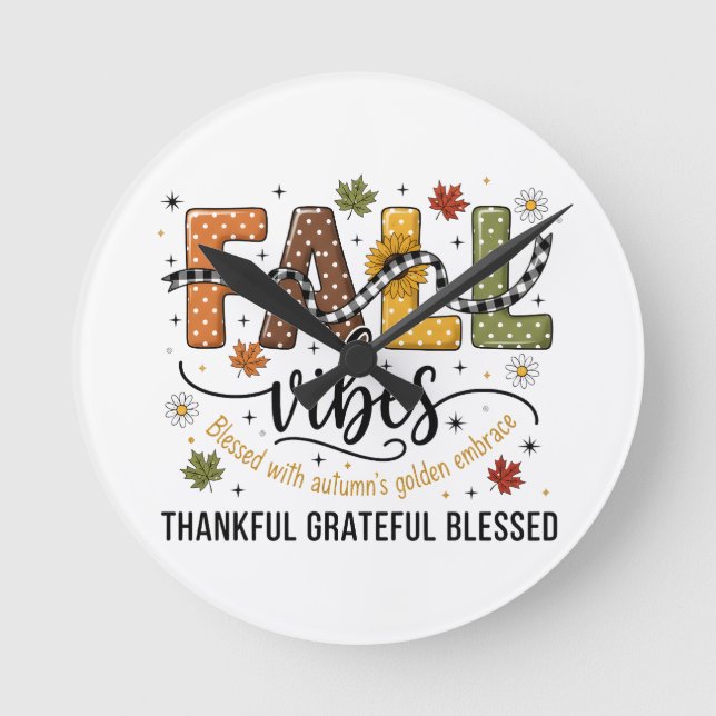 Reloj Redondo Mediano Fall Vibes Wall Clock – Thankful Grateful Blessed  (Anverso)