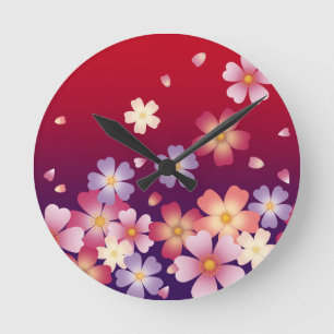Reloj Redondo Mediano Falling Sakura Blossoms Japanese Red & Purple