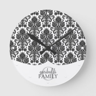 Reloj Redondo Mediano Familia blanco y negro del damasco moderno