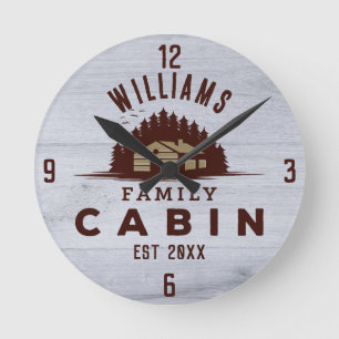Reloj Redondo Mediano Familia Cabina Rustic Wood Personalizada