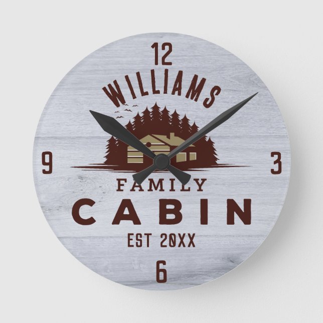 Reloj Redondo Mediano Familia Cabina Rustic Wood Personalizada (Anverso)
