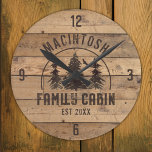 Reloj Redondo Mediano Familia Cabina Rustic Wood Personalizada<br><div class="desc">Crea un reloj de pared de cabaña familiar personalizado con un diseño rústico de madera de campo con pinos forestales y NOMBRE FAMILIA CABIN y fecha establecida por año u otro texto en marrón. El ejemplo se muestra en la opción redonda de 8 pulgadas; elija 10, 75 pulgadas o cuadrado...</div>