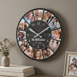 Reloj Redondo Mediano Familia de madera negra personalizada de Collage d