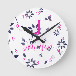 Reloj Redondo Mediano Familia Monograma Nombre Floral Azul