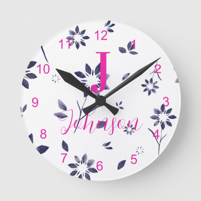 Reloj Redondo Mediano Familia Monograma Nombre Floral Azul (Anverso)