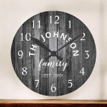 Reloj Redondo Mediano Familia Personalizado de Madera Rústica Granja<br><div class="desc">El reloj mural gris (gris) de madera estilo casa de campo es perfecto para su cocina de campo. Personalizar con el nombre de su familia y año establecido para un cumpleaños único y personalizado o un regalo de Navidades.</div>