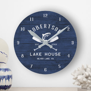 Reloj Redondo Mediano Familia Rustic Lake House Nombre Madera Azul