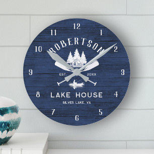Reloj Redondo Mediano Familia Rustic Navy Blue Wood Lake House Trees