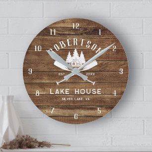 Reloj Redondo Mediano Familia Rustic Wood Nombre Lake House Trees