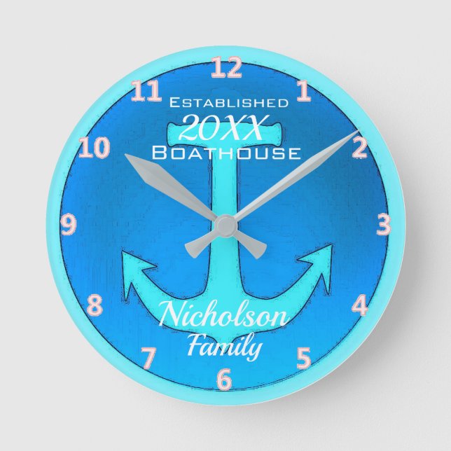 Reloj Redondo Mediano Family Boathouse Large Personalized in Blue (Anverso)