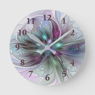 Reloj Redondo Mediano Fantasía abstracta moderna fractal floral colorida