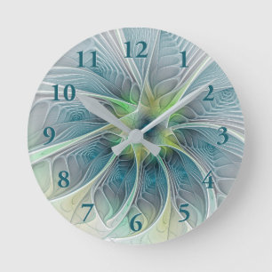 Reloj Redondo Mediano Fantasía Flor Fractal Verde Azul