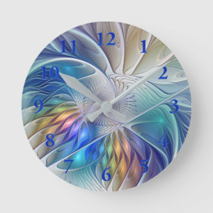 Reloj Redondo Mediano Fantasía floral, flor fractal abstracta colorida