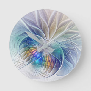 Reloj Redondo Mediano Fantasía floral, flor fractal abstracta colorida