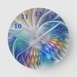 Reloj Redondo Mediano Fantasía floral, flor fractal abstracta colorida