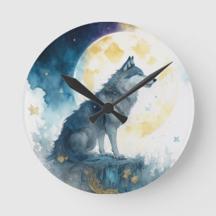 Reloj Redondo Mediano Fantasia Lobo y Estrellas Doradas Arte Grande para
