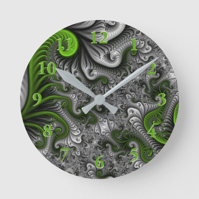 Reloj Redondo Mediano Fantasía Mundo Arte Fractal Verde Y Gris Resumen (Anverso)