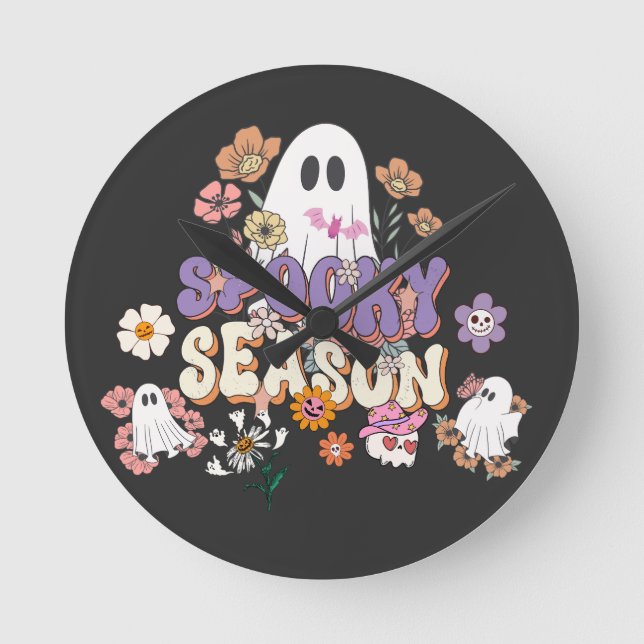 Reloj Redondo Mediano Fantasma adorable con flores HalloweenWall Clock (Anverso)