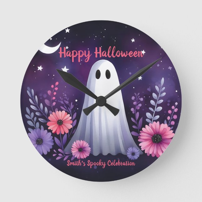 Reloj Redondo Mediano Fantasma caprichoso y floral fantasmagórico morado (Anverso)