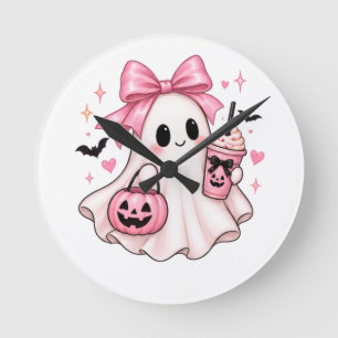 Reloj Redondo Mediano Fantasma Coquette de Halloween con lazo rosa