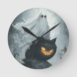 Reloj Redondo Mediano Fantasma de Halloween montando un gato negro