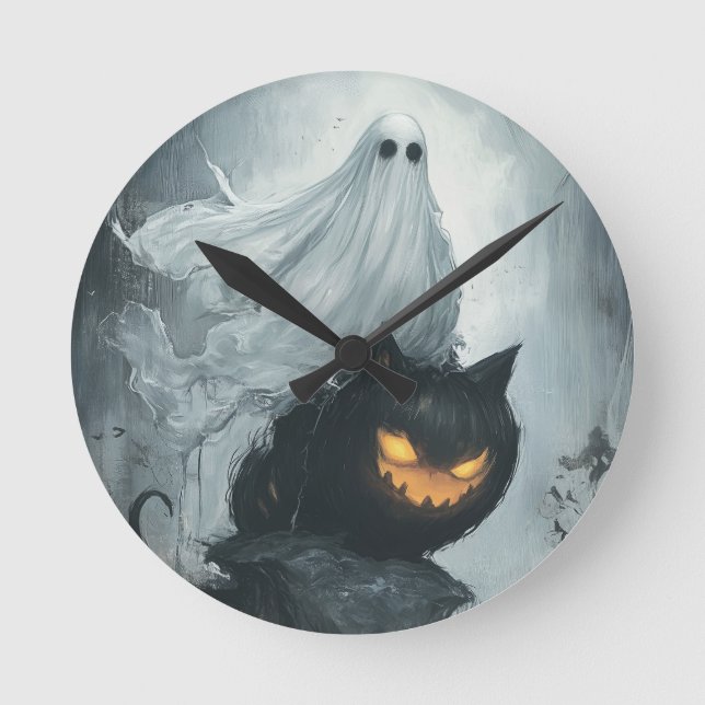 Reloj Redondo Mediano Fantasma de Halloween montando un gato negro (Anverso)