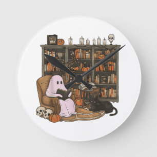 Reloj Redondo Mediano Fantasma leyendo libro Amante de los gatos Hallowe