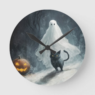 Reloj Redondo Mediano Fantasma y gato negro de Halloween