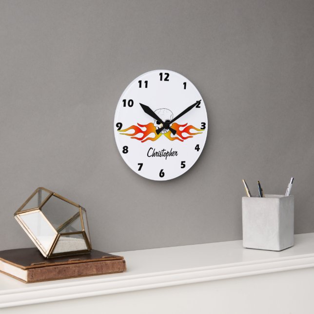 Reloj Redondo Mediano Fantasy Art Skull And Flames Design Personalised (Oficina)