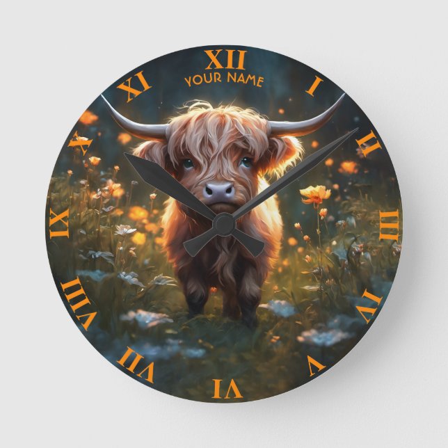 Reloj Redondo Mediano Fantasy Cute Highland Baby Cow (Anverso)