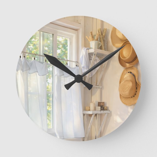 Reloj Redondo Mediano Farmhouse Neutral Clock "Curtain in the Wind" (Anverso)