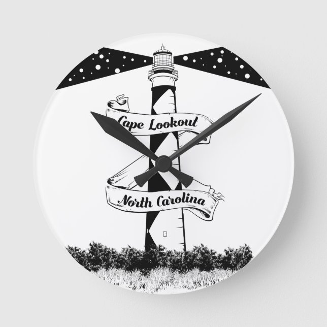 Reloj Redondo Mediano Faro de Cape Lookout negro y blanco (Anverso)