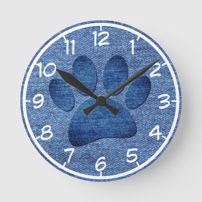 Reloj Redondo Mediano Faux Denim Jeans Dog Paw Print (Anverso)