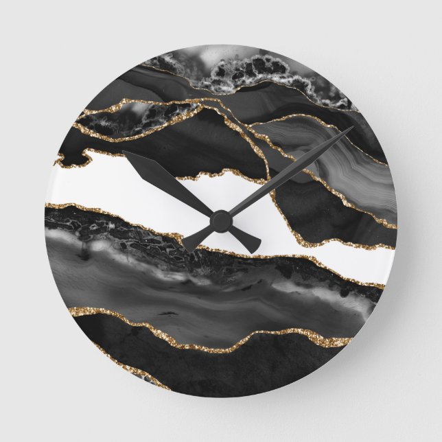 Reloj Redondo Mediano Faux Marled Agate Black Stylish Luxury (Anverso)