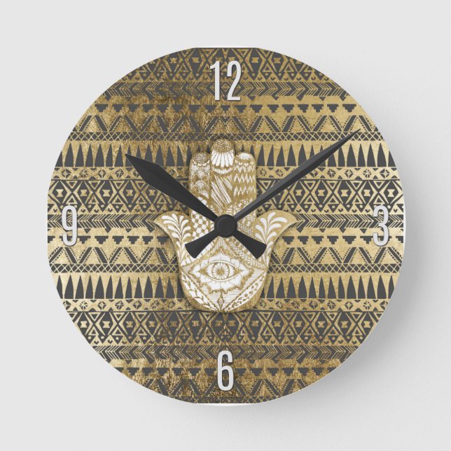 Reloj Redondo Mediano Faux Print Gold Hamsa Hand and and Tribal Aztec (Anverso)