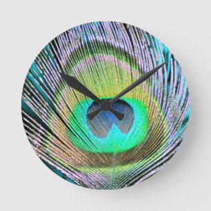 Reloj Redondo Mediano Feather de pavo real sobre turquesa