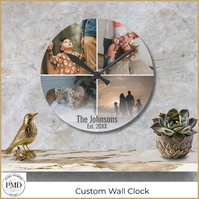 Reloj Redondo Mediano Fecha de nombre de familia del Collage de fotos de (Custom Photo Collage Family Name Date Round Wall Clock with 4 photos, date established.
)