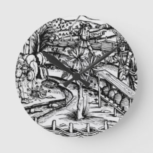 Reloj Redondo Mediano Felices caseros cuidando abejas, ilustracion de