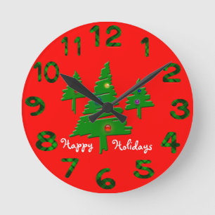 Reloj Redondo Mediano Felices Fiestas Árboles de Navidad numerados
