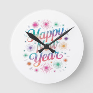 Reloj Redondo Mediano Feliz Año Nuevo 2026 Fuegos Artificiales Esencial
