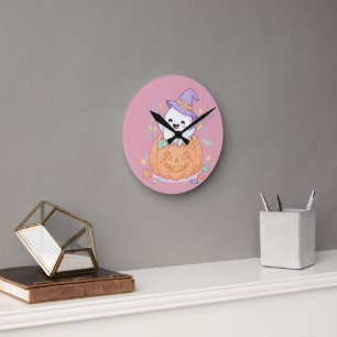 Reloj Redondo Mediano Feliz Halloween adorable fantasma de calabaza