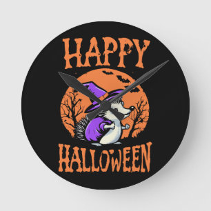 Reloj Redondo Mediano Feliz Halloween Erizo Bruja