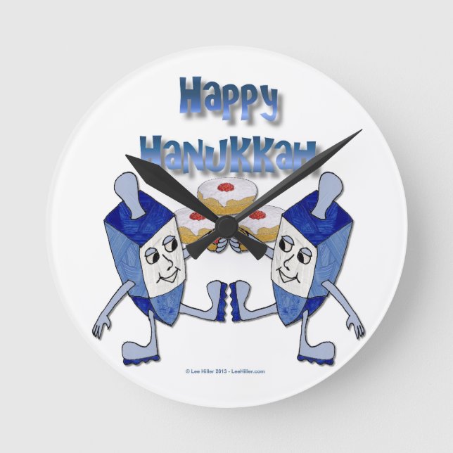 Reloj Redondo Mediano Feliz Hanukkah Dancing Dreidels Jelly Doughnut (Anverso)