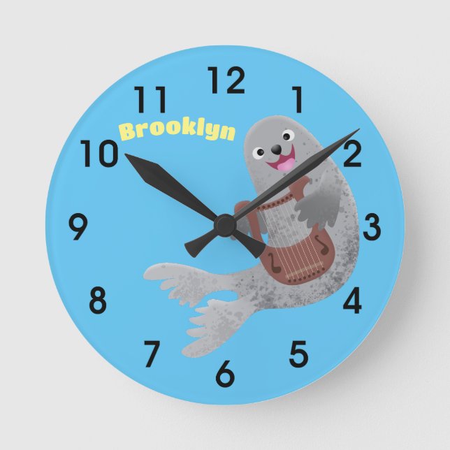 Reloj Redondo Mediano Feliz ilustracion de personalizado de foca de arpa (Anverso)
