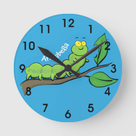 Reloj Redondo Mediano Feliz ilustracion personalizado de oruga verde