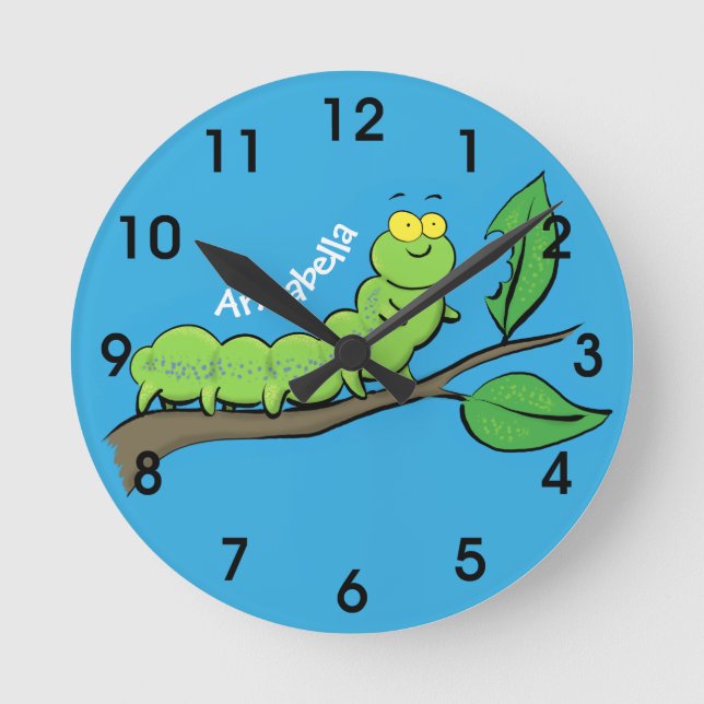 Reloj Redondo Mediano Feliz ilustracion personalizado de oruga verde (Anverso)