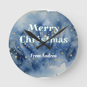 Reloj Redondo Mediano feliz navidad azul blanco estrellas acuarela amari