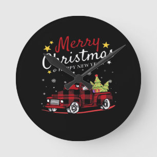 Reloj Redondo Mediano Feliz Navidad Camión Búfalo Muñeco de Nieve Árbol