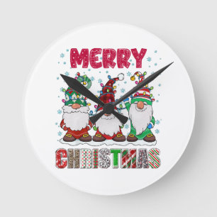 Reloj Redondo Mediano Feliz Navidad Familia Gnomos Divertido Árbol de Na